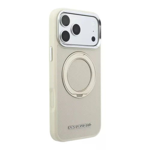 Karl Lagerfeld PU Saffiano MagSafe gyűrűs állvány tok iPhone 18 Pro készülékhez bézs