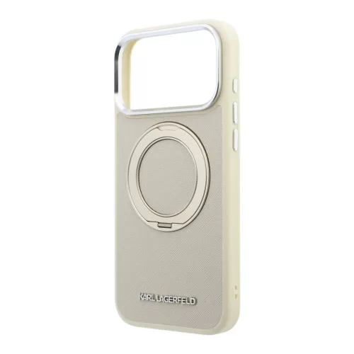 Karl Lagerfeld PU Saffiano MagSafe gyűrűs állvány tok iPhone 18 Pro készülékhez bézs