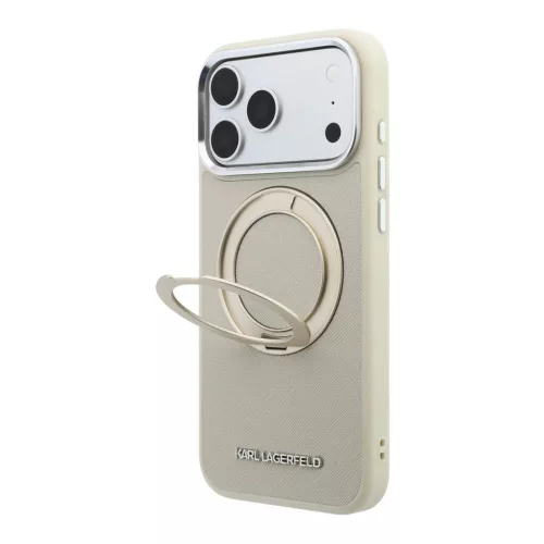 Karl Lagerfeld PU Saffiano gyűrűs állványos MagSafe tok iPhone 18 Pro Max készülékhez bézs