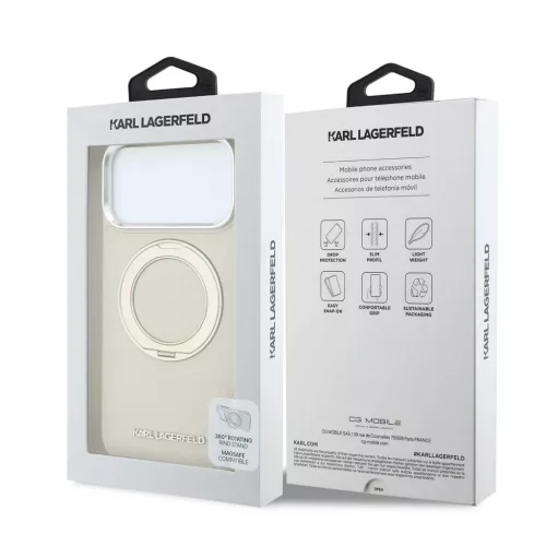 Karl Lagerfeld PU Saffiano gyűrűs állványos MagSafe tok iPhone 18 Pro Max készülékhez bézs
