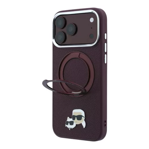 Karl Lagerfeld PU Grained K&CH Heads Ring Stand Magsafe tok iPhone 18 Pro Max készülékhez bordó