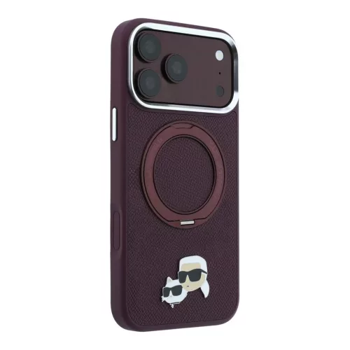 Karl Lagerfeld PU Grained K&CH Heads Ring Stand Magsafe tok iPhone 18 Pro Max készülékhez bordó