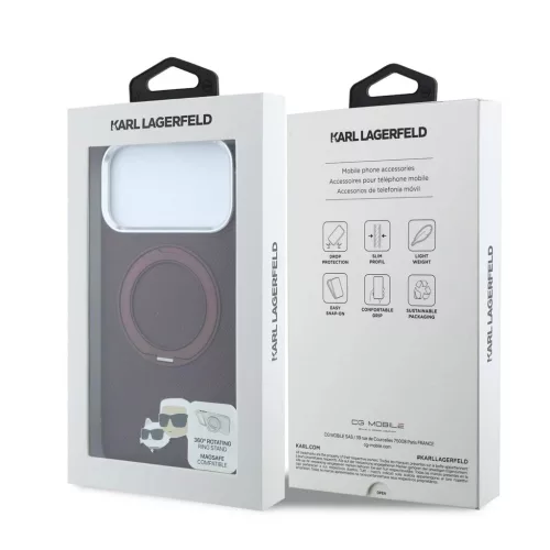 Karl Lagerfeld PU Grained K&CH Heads Ring Stand Magsafe tok iPhone 18 Pro Max készülékhez bordó