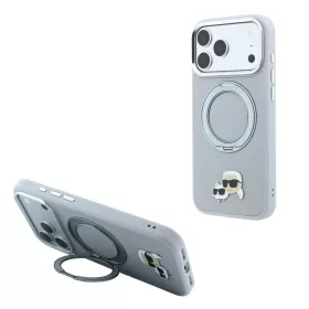   Karl Lagerfeld PU Grained K&CH Heads MagSafe gyűrűs kitámasztó tok iPhone 18 Pro készülékhez szürke