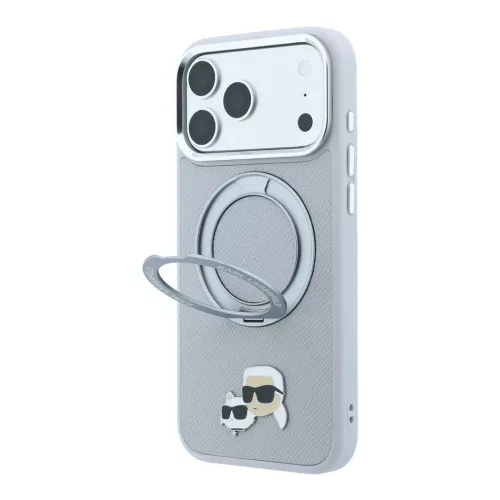 Karl Lagerfeld PU Grained K&CH Heads MagSafe gyűrűs kitámasztó tok iPhone 18 Pro készülékhez szürke