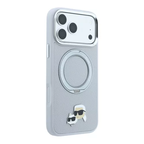 Karl Lagerfeld PU Grained K&CH Heads MagSafe gyűrűs kitámasztó tok iPhone 18 Pro készülékhez szürke