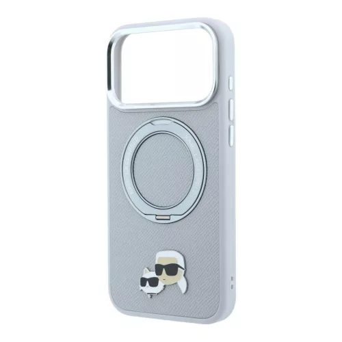 Karl Lagerfeld PU Grained K&CH Heads MagSafe gyűrűs kitámasztó tok iPhone 18 Pro készülékhez szürke