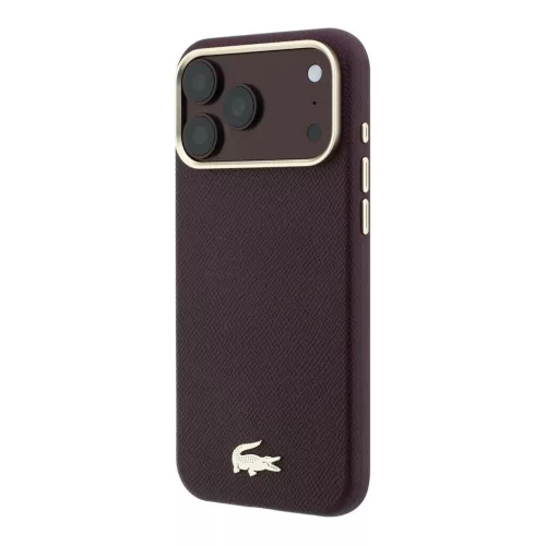Lacoste PU-bőr Champs Elysees arany logós MagSafe tok iPhone 18 Pro Max készülékhez burgundi