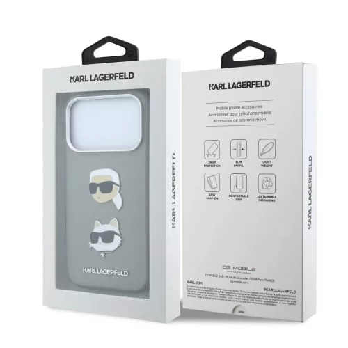Karl Lagerfeld PU Semi Wrap Saffiano K&CH Heads tok iPhone 18 Pro készülékhez szürke